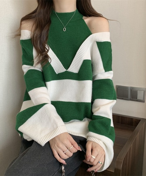 Jewelobe(ジュエローブ)の「ワイドボーダーカットアウトニットプルオーバー(ニット/セーター・レディース・グリーン/ブラウン/ブルー/ブラック・FREE)」の4枚目の写真