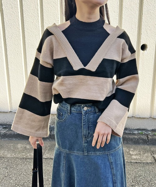 Jewelobe(ジュエローブ)の「ワイドボーダーカットアウトニットプルオーバー(ニット/セーター・レディース・グリーン/ブラウン/ブルー/ブラック・FREE)」の20枚目の写真