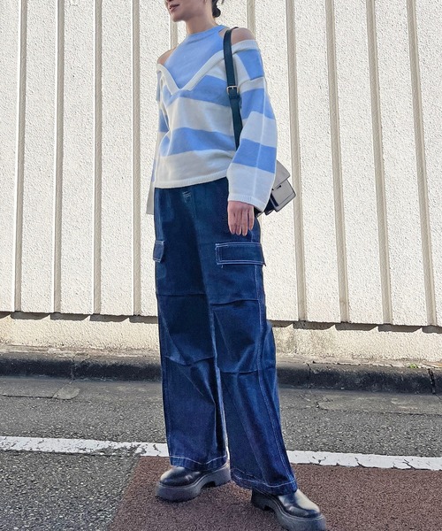 Jewelobe(ジュエローブ)の「ワイドボーダーカットアウトニットプルオーバー(ニット/セーター・レディース・グリーン/ブラウン/ブルー/ブラック・FREE)」の10枚目の写真
