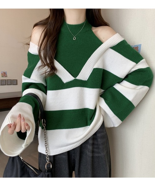 Jewelobe(ジュエローブ)の「ワイドボーダーカットアウトニットプルオーバー(ニット/セーター・レディース・グリーン/ブラウン/ブルー/ブラック・FREE)」の8枚目の写真