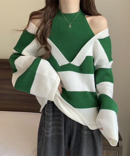 Jewelobe(ジュエローブ)の「ワイドボーダーカットアウトニットプルオーバー(ニット/セーター・レディース・グリーン/ブラウン/ブルー/ブラック・FREE)」の11枚目の写真