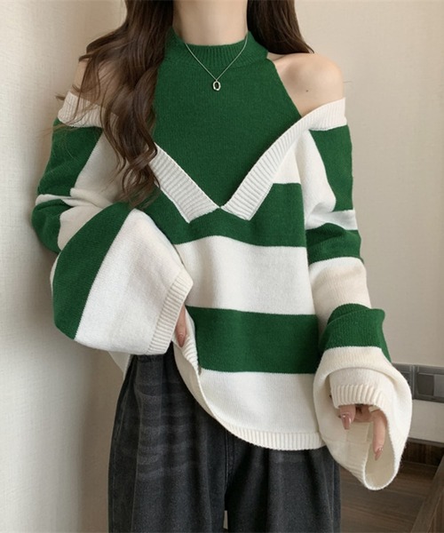 Jewelobe(ジュエローブ)の「ワイドボーダーカットアウトニットプルオーバー(ニット/セーター・レディース・グリーン/ブラウン/ブルー/ブラック・FREE)」の18枚目の写真