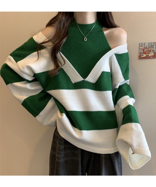 Jewelobe(ジュエローブ)の「ワイドボーダーカットアウトニットプルオーバー(ニット/セーター・レディース・グリーン/ブラウン/ブルー/ブラック・FREE)」の14枚目の写真