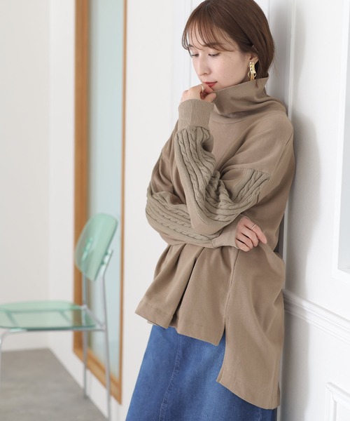 ElegChic(エレグシック)の「ニットドッキングハイネック裏起毛プルオーバー(Tシャツ/カットソー・レディース・ライトベージュ/杢グレー/ライトカーキ/ブラック・4L/XL/M)」の16枚目の写真