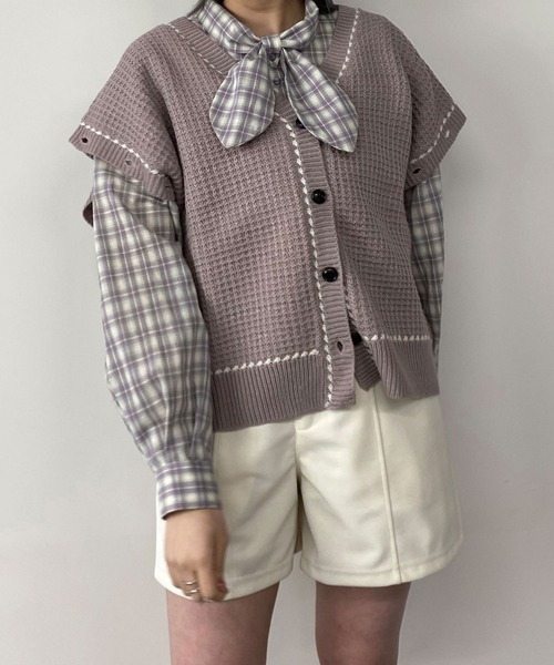 179/WG（イチナナキュウダブルジー）の「スカーフ風リボンブラウス  シアー／チェック（シャツ/ブラウス・レディース・ピンク/ネイビー系/オフホワイト/グリーン系/ブルー・MEDIUM）」の4枚目の写真