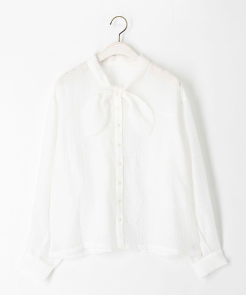 179/WG（イチナナキュウダブルジー）の「スカーフ風リボンブラウス  シアー／チェック（シャツ/ブラウス・レディース・ピンク/ネイビー系/オフホワイト/グリーン系/ブルー・MEDIUM）」の6枚目の写真