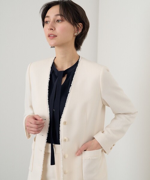 ANAYI 2023 ライトスラブクルーノーカラージャケット アイボリー 36 ANAYI（アナイ）の「ライトスラブノーカラージャケット（ノーカラー