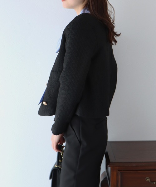 新品あり♡可愛い系♡ブルーイースト ノーカラー ツイード ジャケット L 入学式 BLUEEAST ジャケット ノーカラージャケット パールボタン