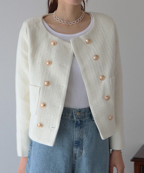 BLUEEAST（ブルーイースト）の「金ボタンツイードジャケット（ノーカラージャケット・レディース・ブラック/オフホワイト/ブラック系・MEDIUM/LARGE）」の13枚目の写真