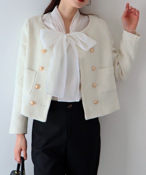 BLUEEAST（ブルーイースト）の「金ボタンツイードジャケット（ノーカラージャケット・レディース・ブラック/オフホワイト/ブラック系・MEDIUM/LARGE）」の21枚目の写真