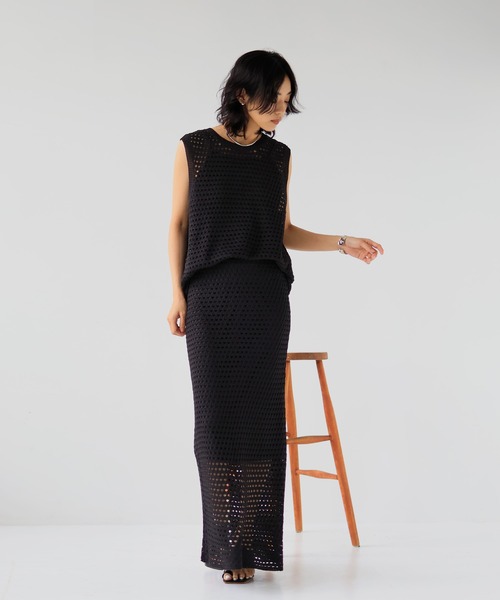 hellam（へラム）の「【高身長向け】クロシェ編み風メッシュニットスカート（スカート・レディース・モカ/イエロー/アイボリー/ブラック・FREE）」の8枚目の写真