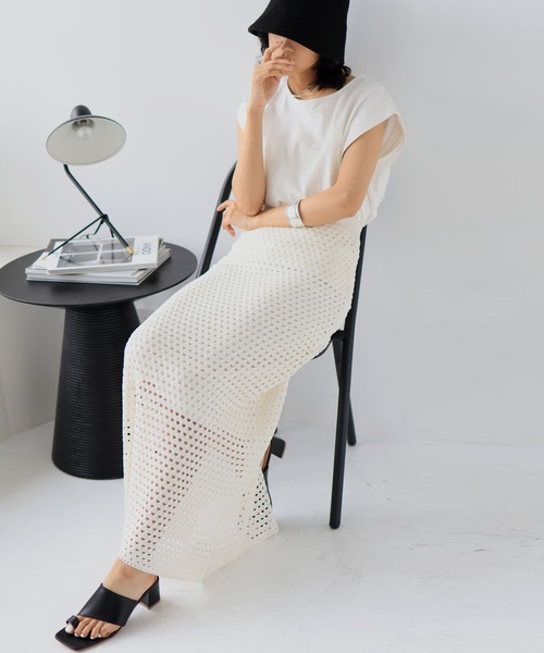hellam（へラム）の「【高身長向け】クロシェ編み風メッシュニットスカート（スカート・レディース・モカ/イエロー/アイボリー/ブラック・FREE）」の20枚目の写真