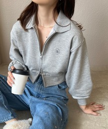 ダブルダブルジップアップ/ワンポイント刺繍スウェット