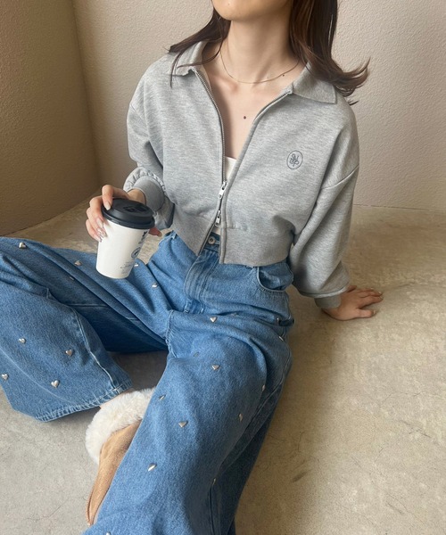セール】ダブルダブルジップアップ/ワンポイント刺繍スウェット
