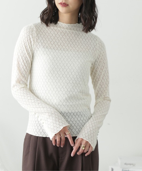 FREE'S MART（フリーズマート）の「◆シアーレースハイネックカットソー（Tシャツ/カットソー・レディース・ブラック/ホワイト・FREE）」の2枚目の写真