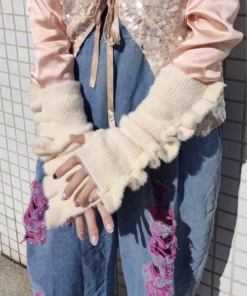 Casselini（キャセリーニ）の「Casselini(キャセリーニ)フリルシャギーアームウォーマー（手袋・レディース・オフホワイト/ブルー/ブラック・FREE）」の14枚目の写真