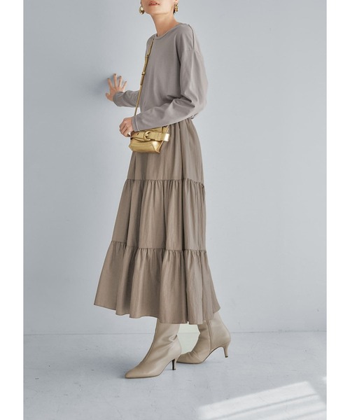 STYLE DELI（スタイルデリ）の「レザー見えグローティアードスカート（スカート・レディース・ベージュ/グレー・FREE）」の7枚目の写真