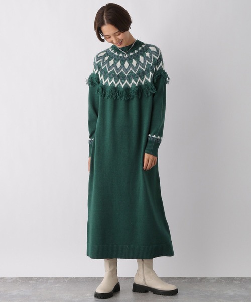 LEPSIM（レプシィム）の「7ゲージジャガード柄ニットワンピース　983177（ワンピース・レディース・グレー/グリーン・FREE）」の6枚目の写真