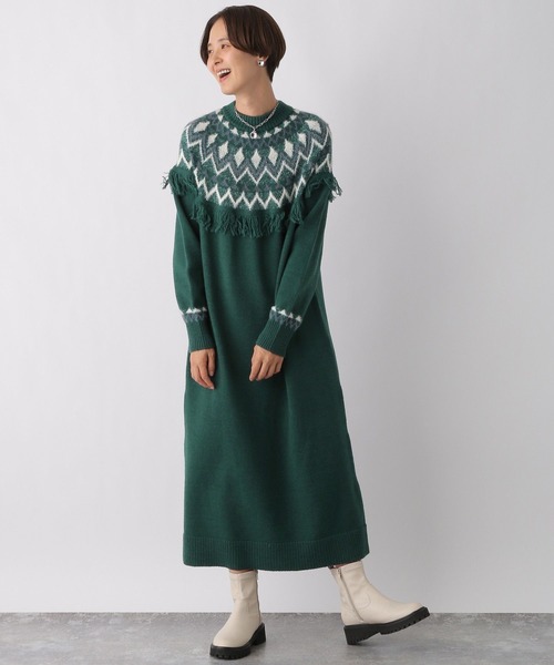 LEPSIM（レプシィム）の「7ゲージジャガード柄ニットワンピース　983177（ワンピース・レディース・グレー/グリーン・FREE）」の7枚目の写真