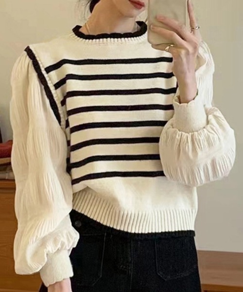 Miniministore(ミニミニストア)の「異素材ドッキングニットセーターレディース(ニット/セーター・レディース・ブラック/アイボリー・フリー)」の2枚目の写真