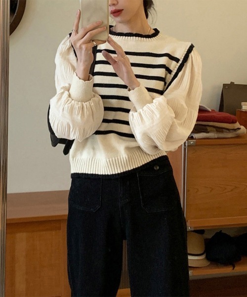 Miniministore(ミニミニストア)の「異素材ドッキングニットセーターレディース(ニット/セーター・レディース・ブラック/アイボリー・フリー)」の7枚目の写真