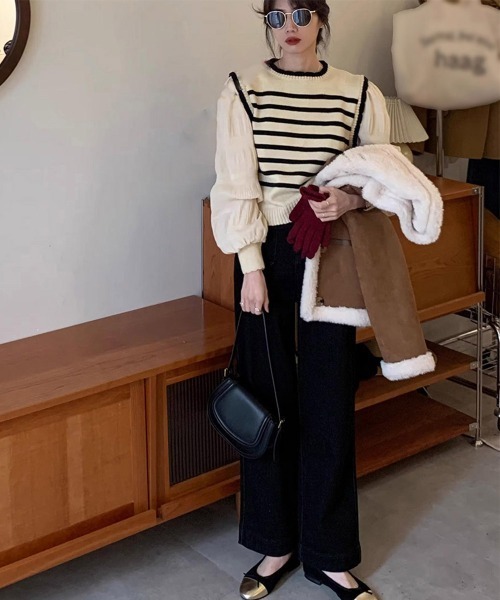 Miniministore(ミニミニストア)の「異素材ドッキングニットセーターレディース(ニット/セーター・レディース・ブラック/アイボリー・フリー)」の9枚目の写真
