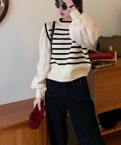 Miniministore(ミニミニストア)の「異素材ドッキングニットセーターレディース(ニット/セーター・レディース・ブラック/アイボリー・フリー)」の10枚目の写真