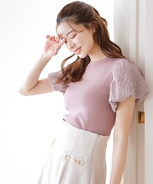 異素材スリーブクルーネックニットプルオーバー