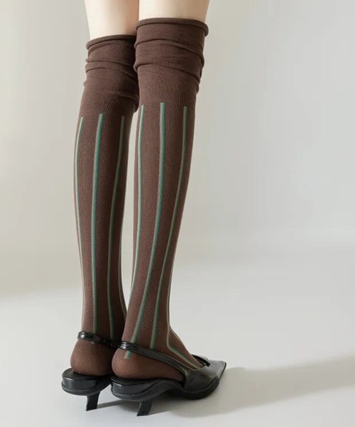Port（ポート）の「【 Port / ポート 】 デザイン ストライプ シアー 切り替え ニーハイソックス #（ソックス/靴下・レディース・ブラック/ブラウン/ホワイト/カーキ・FREE）」の17枚目の写真