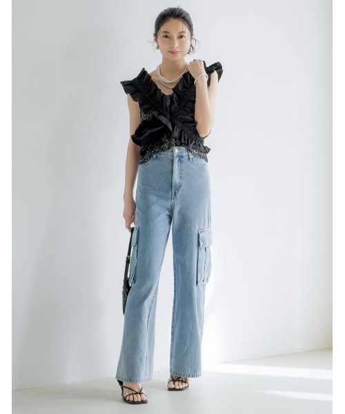 Re:EDIT（リエディ）の「[2024 SUMMER COLLECTION][低身長/高身長サイズ有]コットンデニムサイドポケットカーゴパンツ（デニムパンツ・レディース・ブラック/ブルー・SHORT/SMALL/MEDIUM/TALL/LARGE）」の10枚目の写真