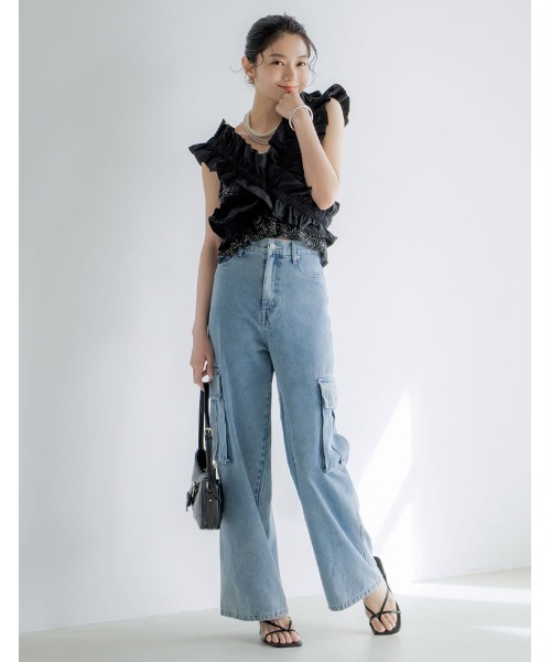 Re:EDIT（リエディ）の「[2024 SUMMER COLLECTION][低身長/高身長サイズ有]コットンデニムサイドポケットカーゴパンツ（デニムパンツ・レディース・ブラック/ブルー・SHORT/SMALL/MEDIUM/TALL/LARGE）」の11枚目の写真