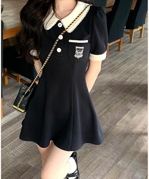 gossip!ロサンゼルス(ゴシップロサンゼルス)の「パフスリーブワンピース フレンチレトロなPoloネックワンピースウエストA字スカート夏(ワンピース・レディース・ブラック/ベージュ・S/M/L/XL)」の2枚目の写真