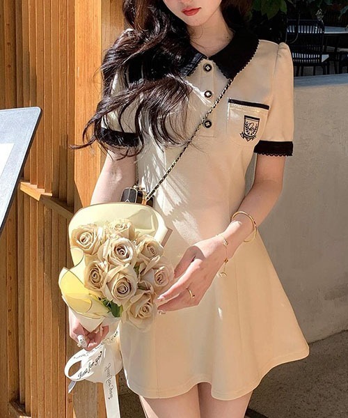 gossip!ロサンゼルス(ゴシップロサンゼルス)の「パフスリーブワンピース フレンチレトロなPoloネックワンピースウエストA字スカート夏(ワンピース・レディース・ブラック/ベージュ・S/M/L/XL)」の9枚目の写真