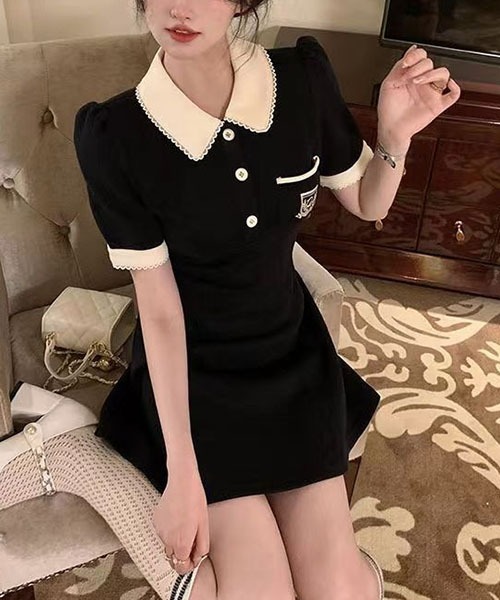 gossip!ロサンゼルス(ゴシップロサンゼルス)の「パフスリーブワンピース フレンチレトロなPoloネックワンピースウエストA字スカート夏(ワンピース・レディース・ブラック/ベージュ・S/M/L/XL)」の12枚目の写真
