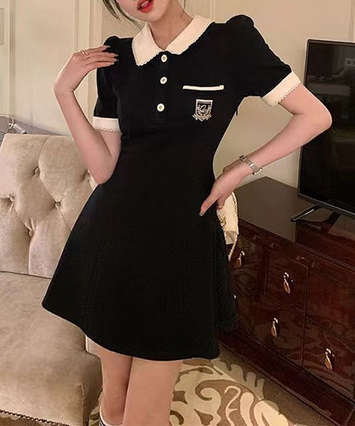 gossip!ロサンゼルス(ゴシップロサンゼルス)の「パフスリーブワンピース フレンチレトロなPoloネックワンピースウエストA字スカート夏(ワンピース・レディース・ブラック/ベージュ・S/M/L/XL)」の13枚目の写真