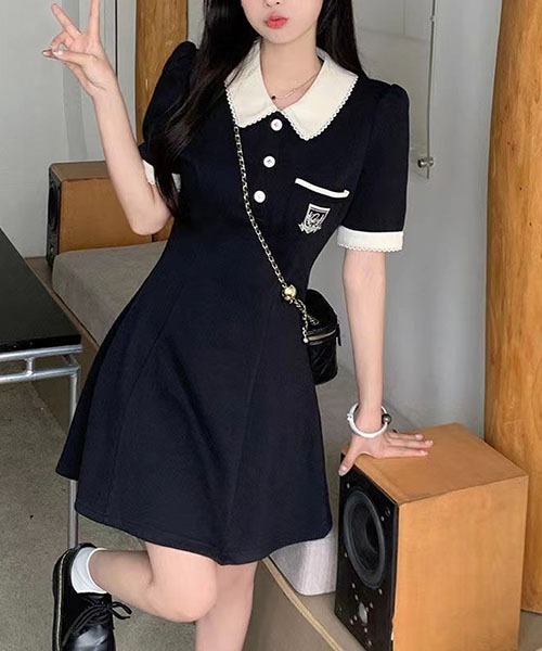 gossip!ロサンゼルス(ゴシップロサンゼルス)の「パフスリーブワンピース フレンチレトロなPoloネックワンピースウエストA字スカート夏(ワンピース・レディース・ブラック/ベージュ・S/M/L/XL)」の19枚目の写真