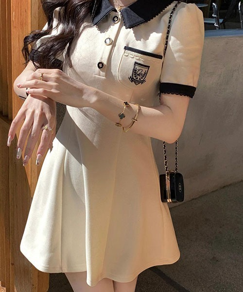 gossip!ロサンゼルス(ゴシップロサンゼルス)の「パフスリーブワンピース フレンチレトロなPoloネックワンピースウエストA字スカート夏(ワンピース・レディース・ブラック/ベージュ・S/M/L/XL)」の5枚目の写真