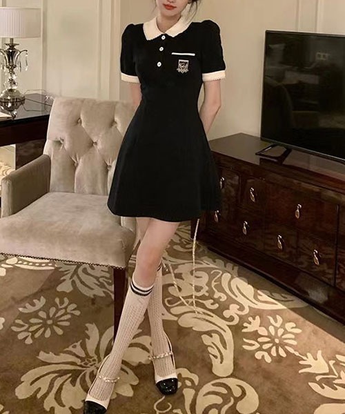 gossip!ロサンゼルス(ゴシップロサンゼルス)の「パフスリーブワンピース フレンチレトロなPoloネックワンピースウエストA字スカート夏(ワンピース・レディース・ブラック/ベージュ・S/M/L/XL)」の22枚目の写真