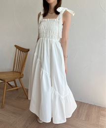 シャーリング肩リボンキャミワンピース