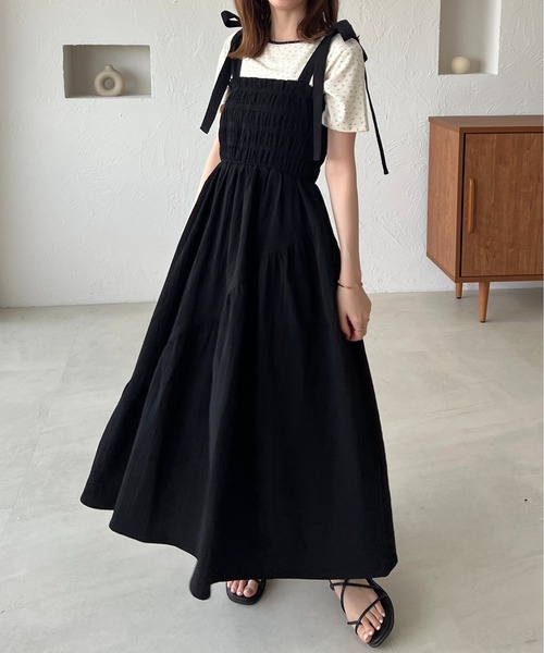 raffime（ラフィミー）の「シャーリング肩リボンキャミワンピース（ワンピース・レディース・カーキ/ブラック/オフホワイト・フリー）」の13枚目の写真