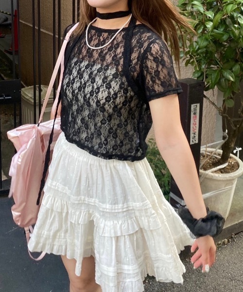 nemne store（ネンネストア）の「【Seoup】ボウタイ付レーストップス（Tシャツ/カットソー・レディース・オフホワイト/ブラック・SMALL/MEDIUM）」の2枚目の写真