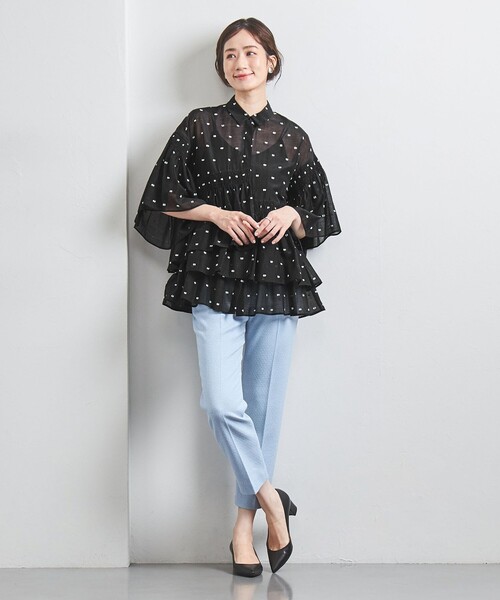 華やか★美品★ユナイテッドアローズ　イレギュラーシャーリングブラウスソリッド　M イレギュラー シャーリング 六分袖 ブラウス ソリッド