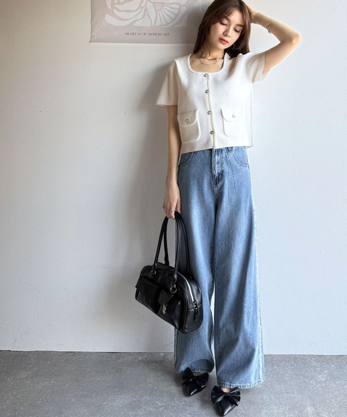 mily bilet(ミウィビレット)の「【mily bilet】軽やかな着心地を叶える。エンブレム釦使いエアリーニットジャケット(半袖)(カーディガン/ボレロ・レディース・グレー/アイボリー/ブラック・X-LARGE/SMALL/MEDIUM/LARGE)」の7枚目の写真