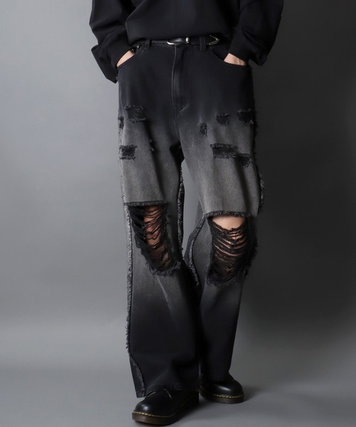 SITRY（シトリー）の「Side Fringe Gradation Denim Pants/サイドフリンジ グラデーション ダメージ加工 バギーデニムパンツ ワイドデニムパンツ（デニムパンツ・メンズ・サックスブルー/ブラック・M/L）」の2枚目の写真