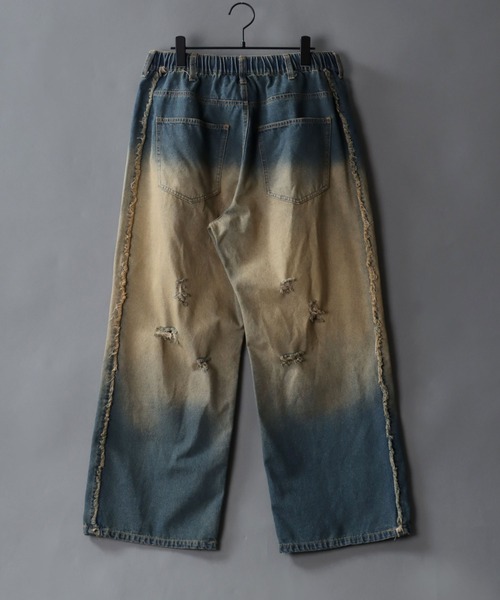 SITRY（シトリー）の「Side Fringe Gradation Denim Pants/サイドフリンジ グラデーション ダメージ加工 バギーデニムパンツ ワイドデニムパンツ（デニムパンツ・メンズ・サックスブルー/ブラック・M/L）」の4枚目の写真