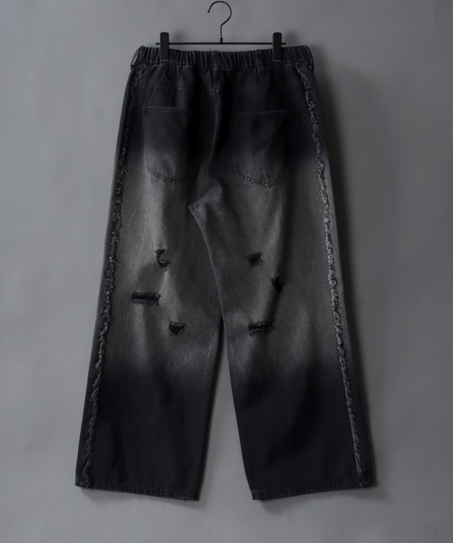 SITRY（シトリー）の「Side Fringe Gradation Denim Pants/サイドフリンジ グラデーション ダメージ加工 バギーデニムパンツ ワイドデニムパンツ（デニムパンツ・メンズ・サックスブルー/ブラック・M/L）」の3枚目の写真