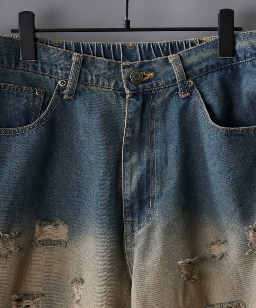 SITRY（シトリー）の「Side Fringe Gradation Denim Pants/サイドフリンジ グラデーション ダメージ加工 バギーデニムパンツ ワイドデニムパンツ（デニムパンツ・メンズ・サックスブルー/ブラック・M/L）」の5枚目の写真