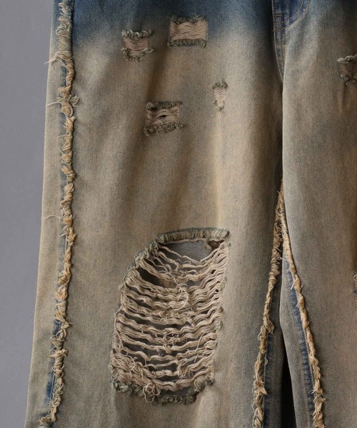 SITRY（シトリー）の「Side Fringe Gradation Denim Pants/サイドフリンジ グラデーション ダメージ加工 バギーデニムパンツ ワイドデニムパンツ（デニムパンツ・メンズ・サックスブルー/ブラック・M/L）」の8枚目の写真