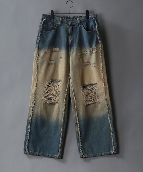 SITRY（シトリー）の「Side Fringe Gradation Denim Pants/サイドフリンジ グラデーション ダメージ加工 バギーデニムパンツ ワイドデニムパンツ（デニムパンツ・メンズ・サックスブルー/ブラック・M/L）」の15枚目の写真