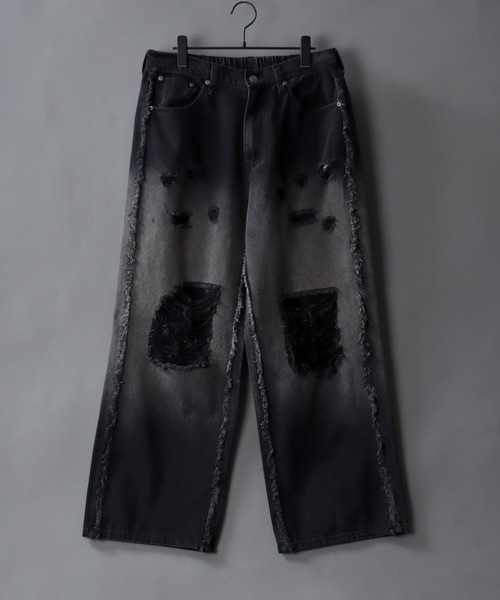 SITRY（シトリー）の「Side Fringe Gradation Denim Pants/サイドフリンジ グラデーション ダメージ加工 バギーデニムパンツ ワイドデニムパンツ（デニムパンツ・メンズ・サックスブルー/ブラック・M/L）」の14枚目の写真